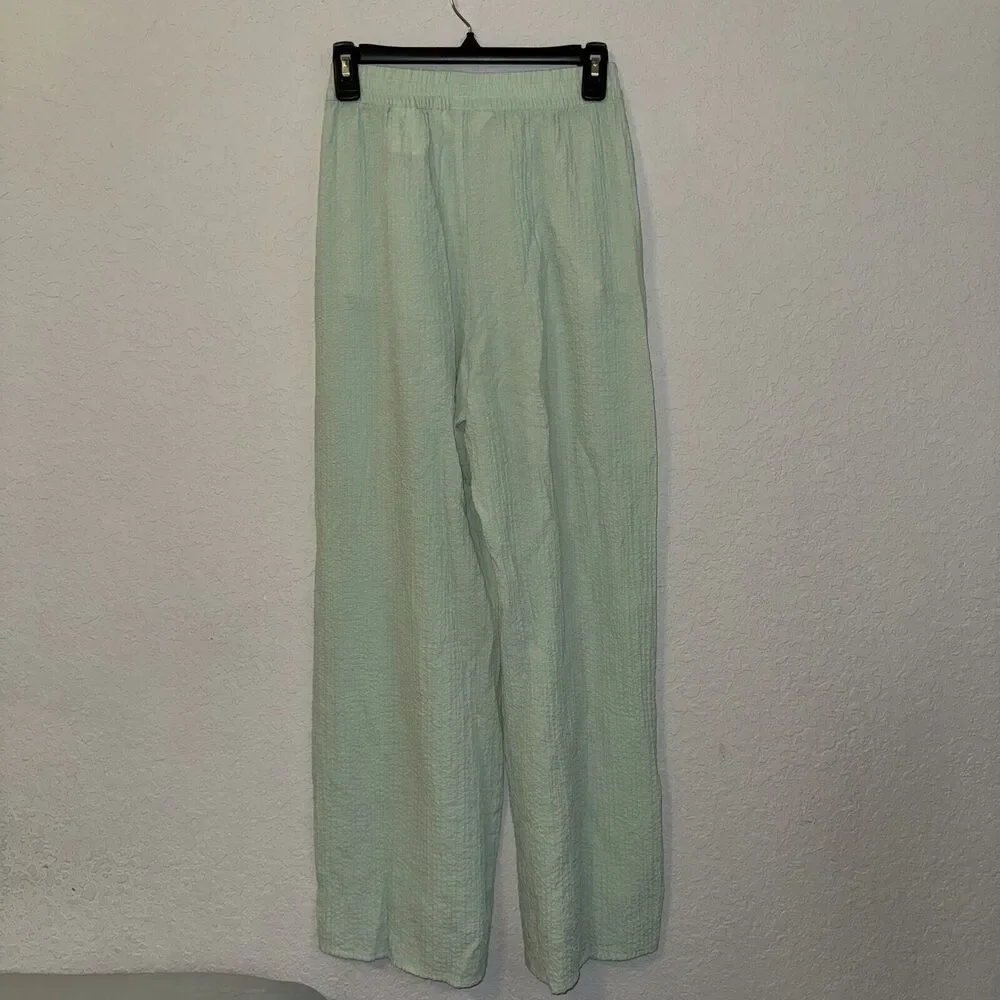 H&M Pants Women's Small‎ Olive Elastic Linen Pant Flat Front Wide Leg Pull-On